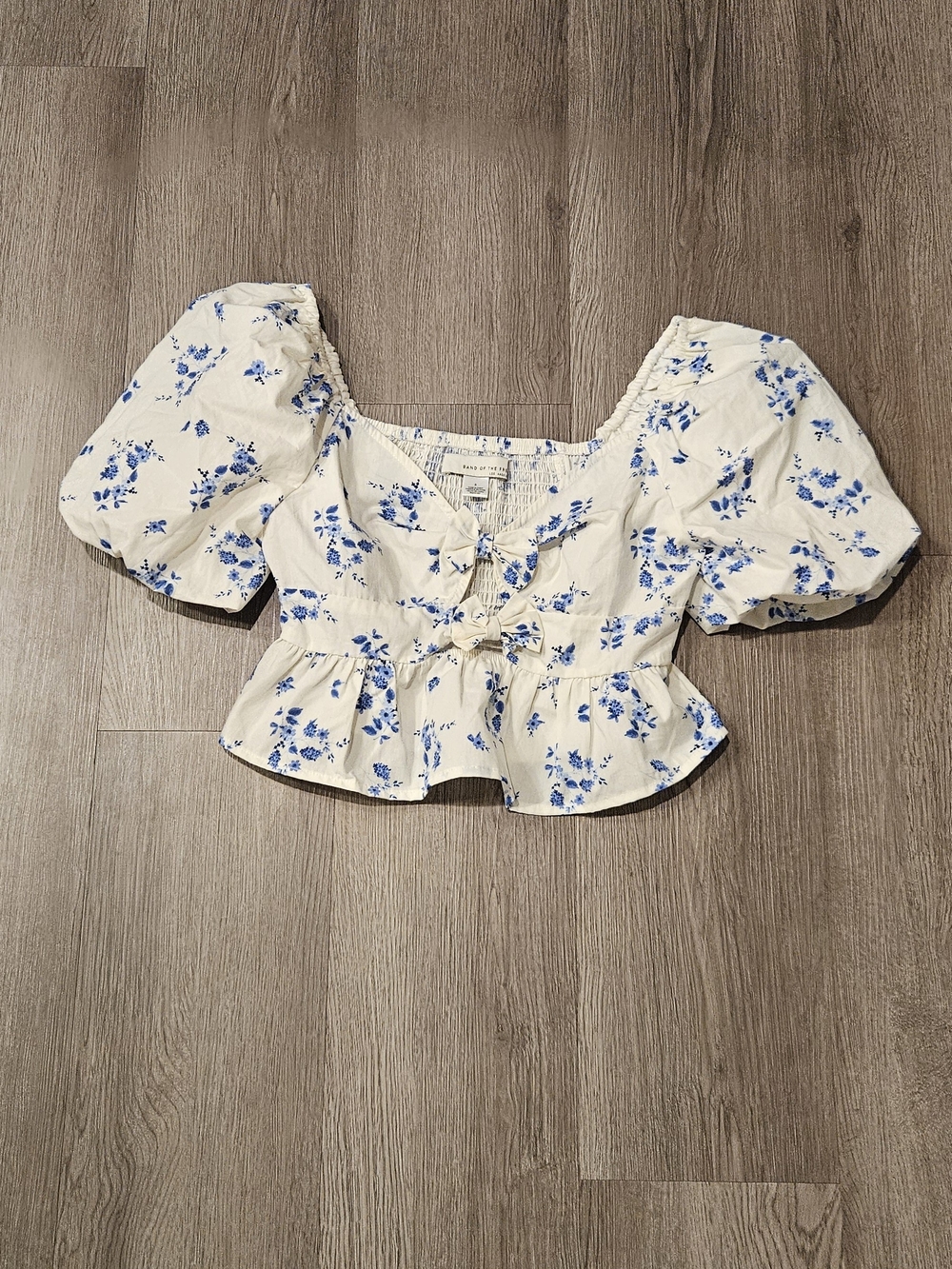 Blue Floral Puff Sleeve Tie-Front Peplum Top - White/Blue